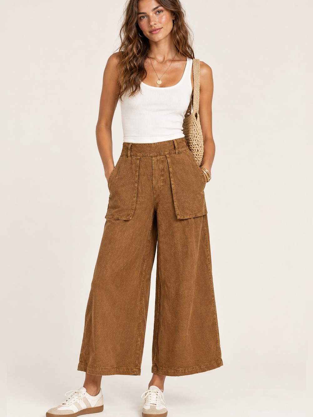 NEW Young Fabulous & Broke Ryker Pants Wide Leg Cropped Utility Rust Brown L